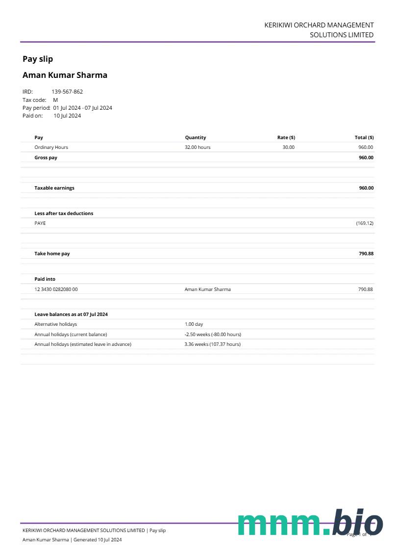 Szablon odcinka wypłaty Kerikiwi Orchard Management Solutions w formatach Word i PDF
